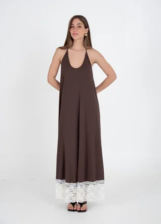 Vestido largo liso con puntilla  - Vista 5