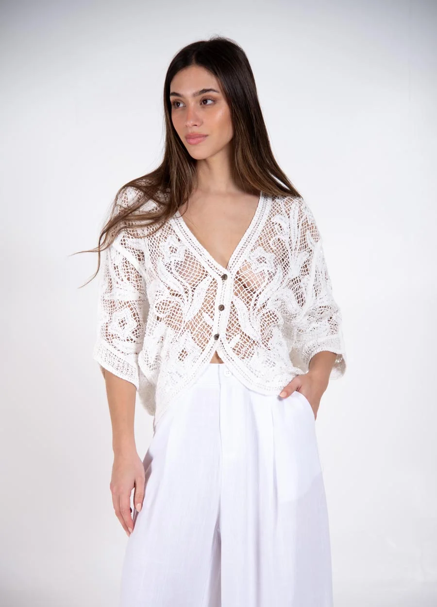 Kimono con botones tejido flores c/lentejuelas 
