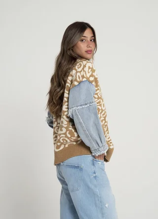 Cardigan tejido print combinado denim - Vista 5