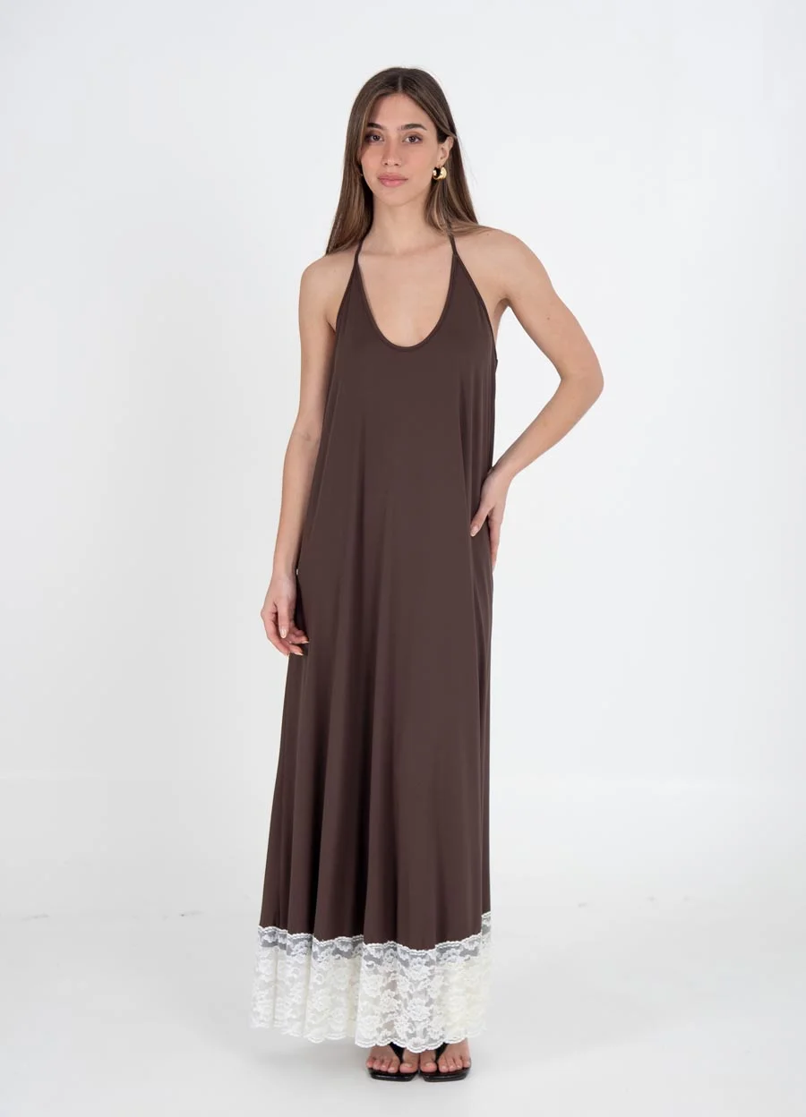 Vestido largo liso con puntilla 
