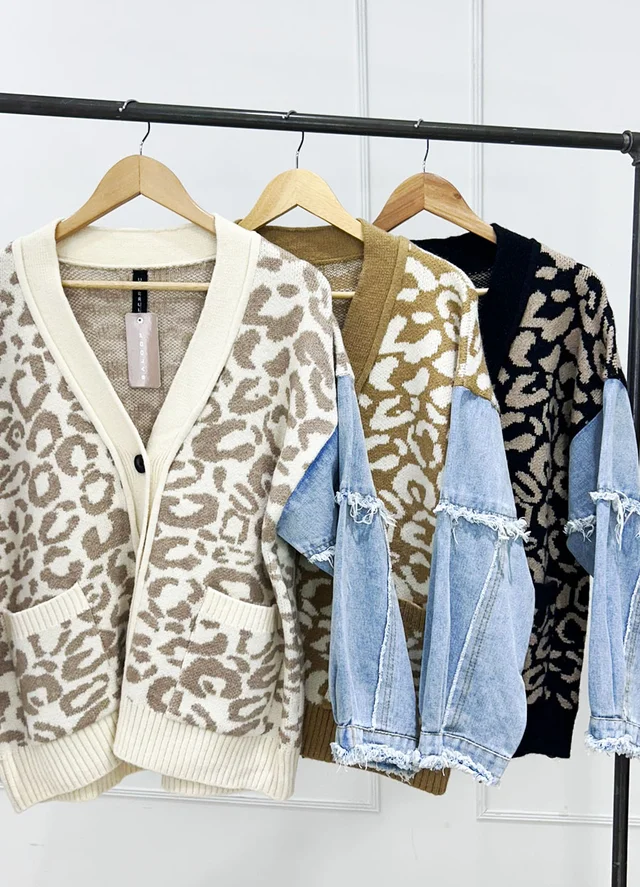 Cardigan tejido print combinado denim