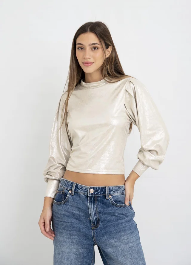 Bluza metalizada media polera con abertura 