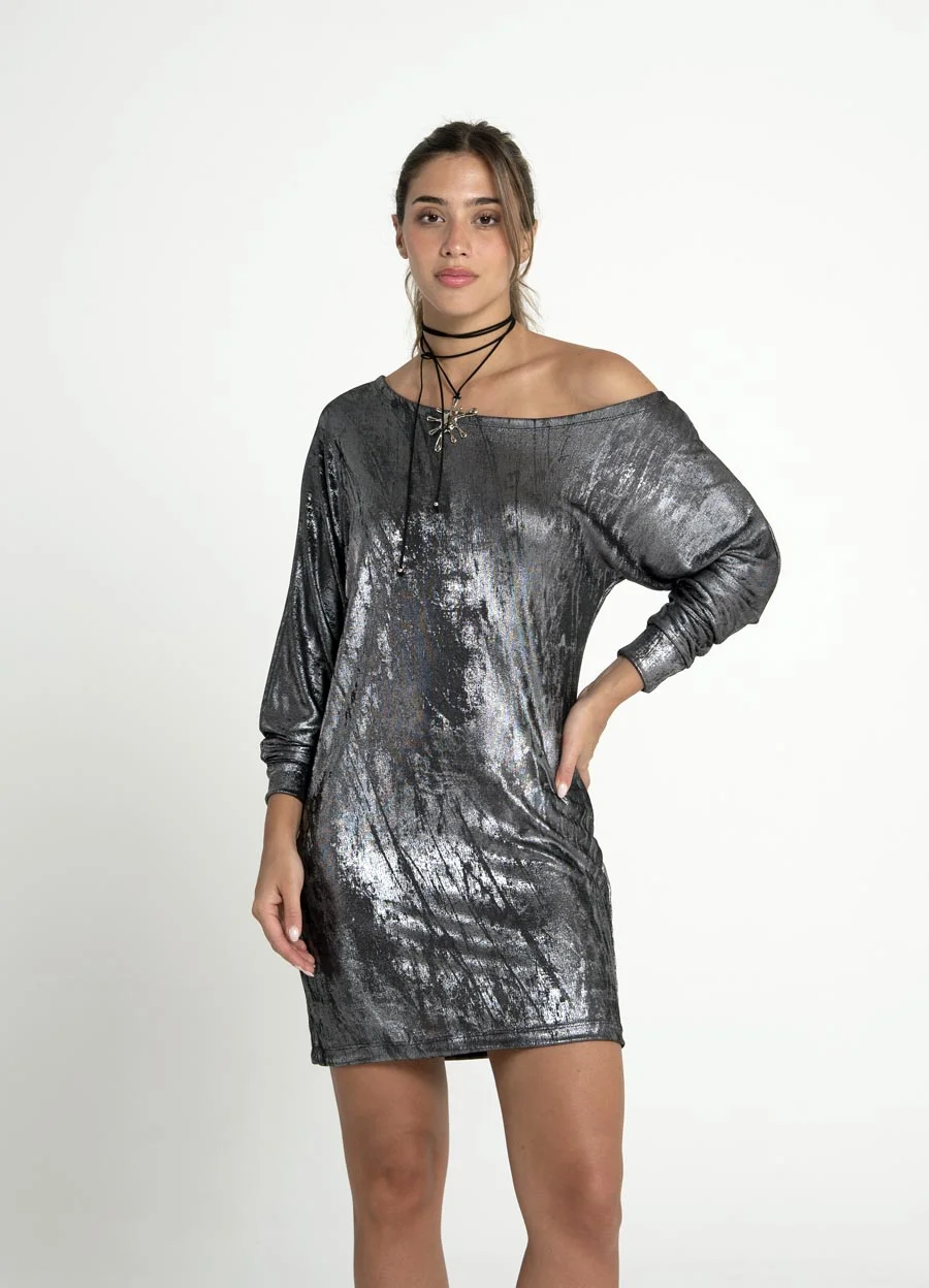 Vestido foil hombro caido