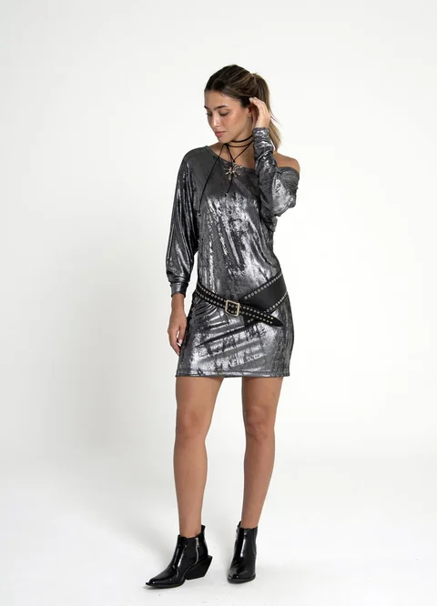 Vestido foil hombro caido
