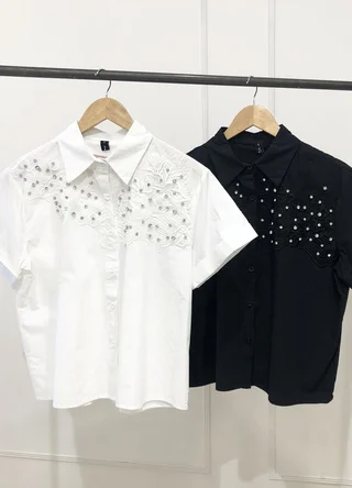 Camisa poplin manga corta con aplique en pecho  - Vista 6