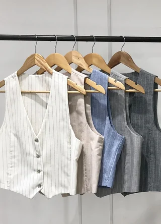 Chaleco lino rayado con boton - Vista 5