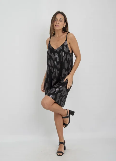 Vestido corto bretel fino print metalizado