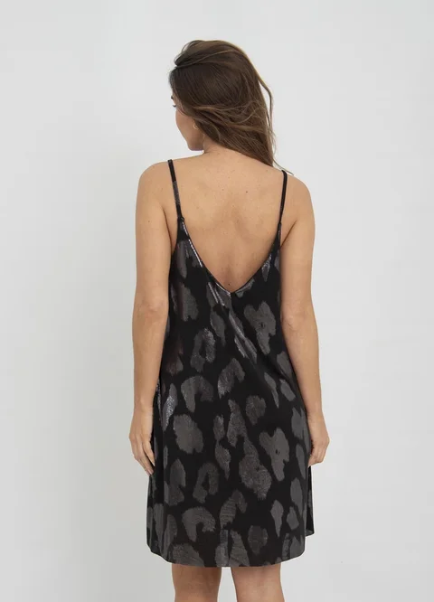 Vestido corto bretel fino print metalizado
