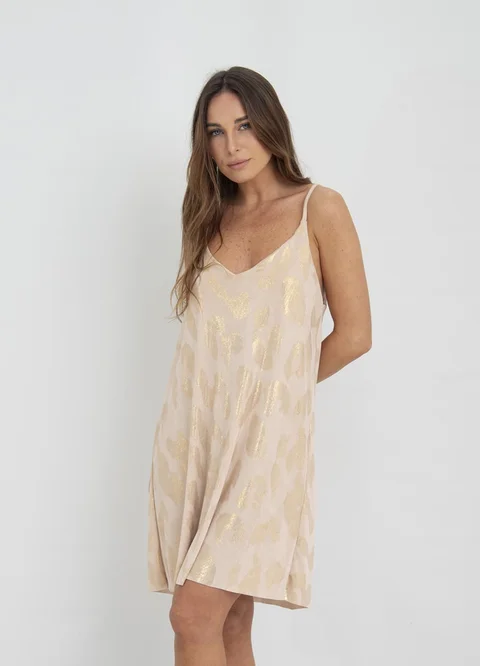 Vestido corto bretel fino print metalizado