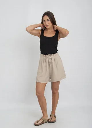 Short lino dobladillo con tira al tono - Vista 1