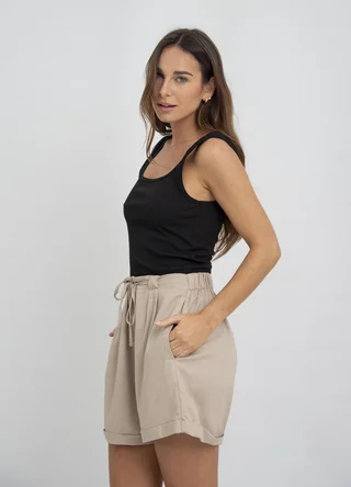 Short lino dobladillo con tira al tono - Vista 2