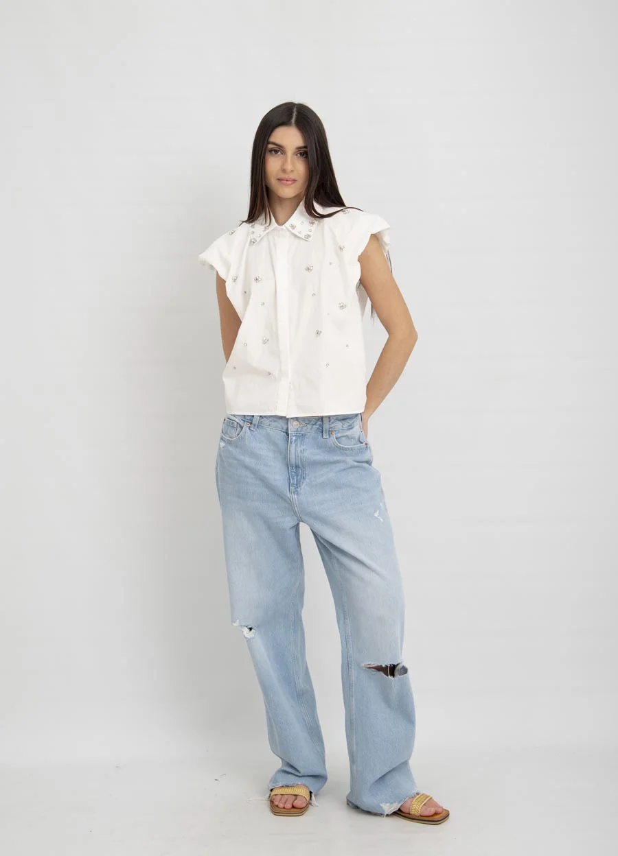 Camisa manga bombe con piedras