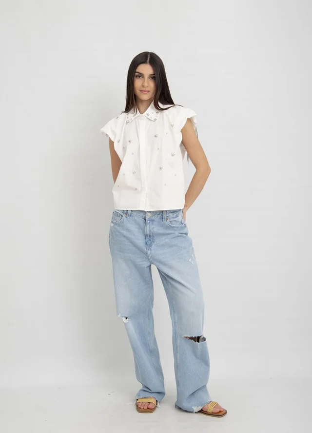 Camisa manga bombe con piedras