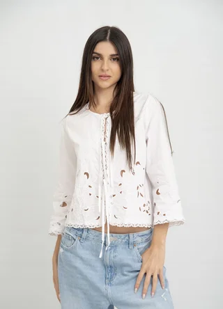 Camisa 3/4 broderie calada para atar - Vista 1