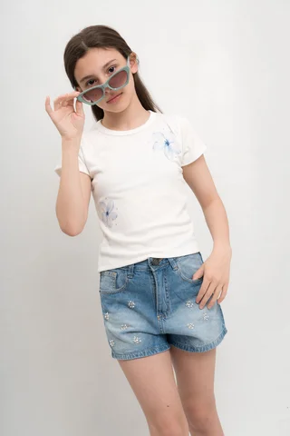 Short Emili Celeste Con Bordado Artesanal - Vista 3