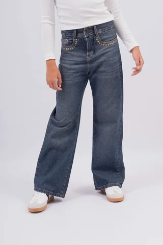 Jeans Wide Leg En Tono Vintage Matizado, Con Detalles De Tachas En Los Bolsillos - Vista 1