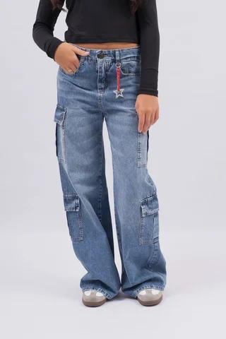 Jeans Cargo(Super Wide Leg )  4 Bolsillos , Detalle Artesanal De Cadena Y Dije E - Vista 1