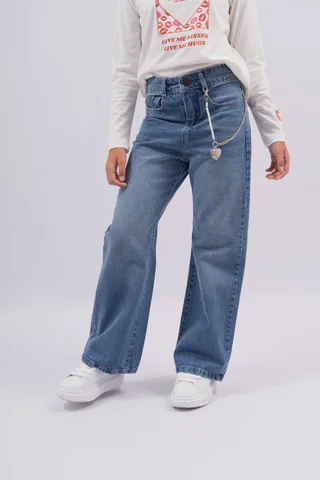 Jeans Wide Leg Azul Con Colgante De Perlas  Y  Cadena C Dije Corazon - Vista 1