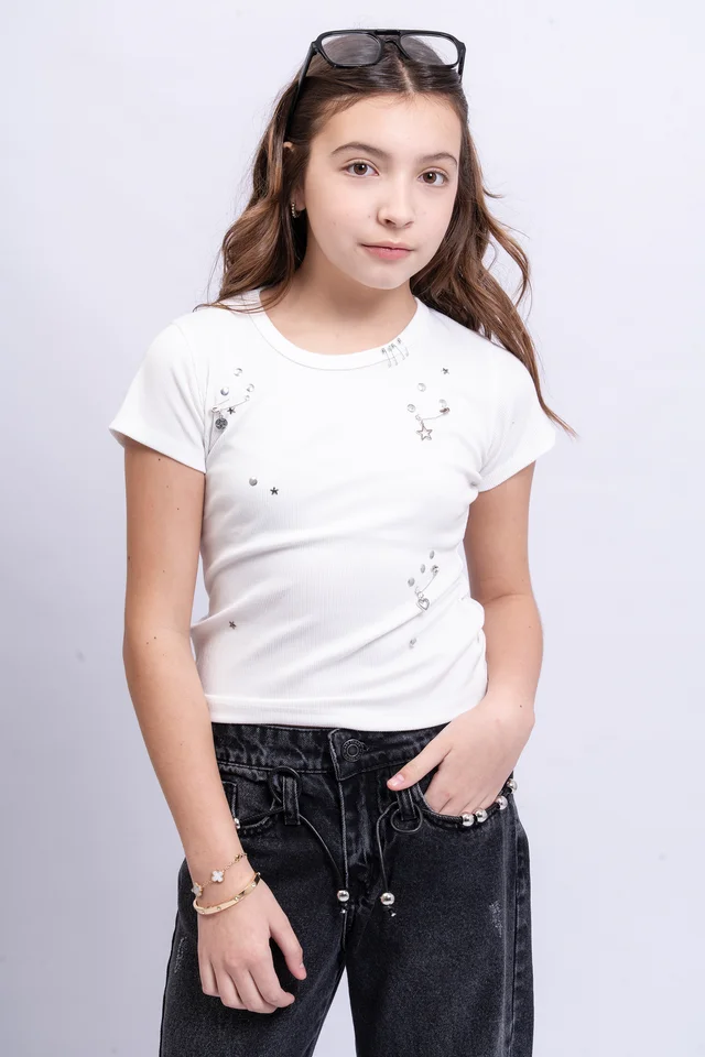 Remera Juana  Morley Manga Corta Contachas Y Dijes Artesanal