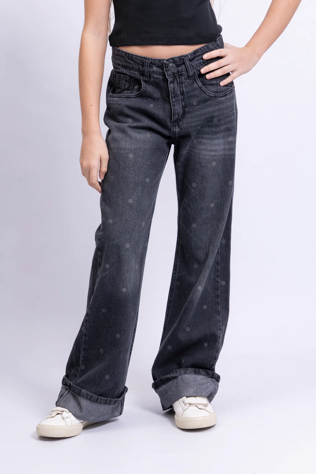 Jeans Super Wide Leg Bruna Black Con Botamanga Full Lunares - 0