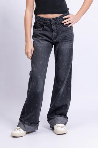 Jeans Super Wide Leg Bruna Black Con Botamanga Full Lunares - Vista 1