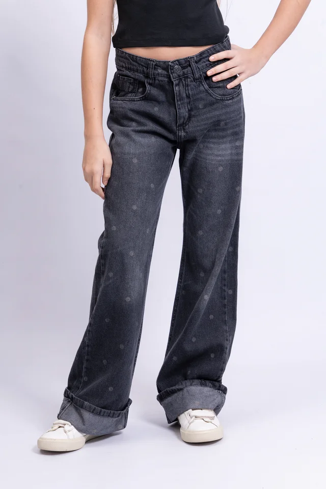 Jeans Super Wide Leg Bruna Black Con Botamanga Full Lunares