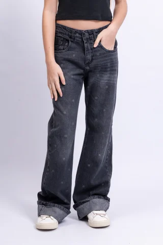 Jeans Super Wide Leg Bruna Black Con Botamanga Full Lunares - Vista 2