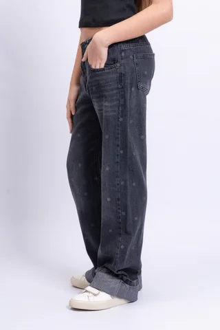 Jeans Super Wide Leg Bruna Black Con Botamanga Full Lunares - Vista 3