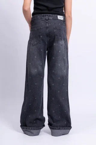 Jeans Super Wide Leg Bruna Black Con Botamanga Full Lunares - Vista 4