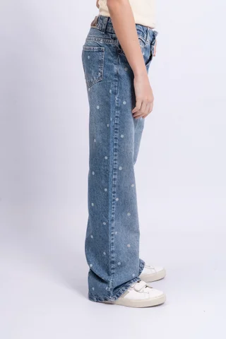 Jeans  Wide Leg Elsa Azul Tiro Bajo Full Lunares - Vista 3