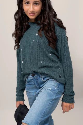 Sweater Ribb Brushed C  Bordado Artesanal Full Strass Y Perlas - Vista 1