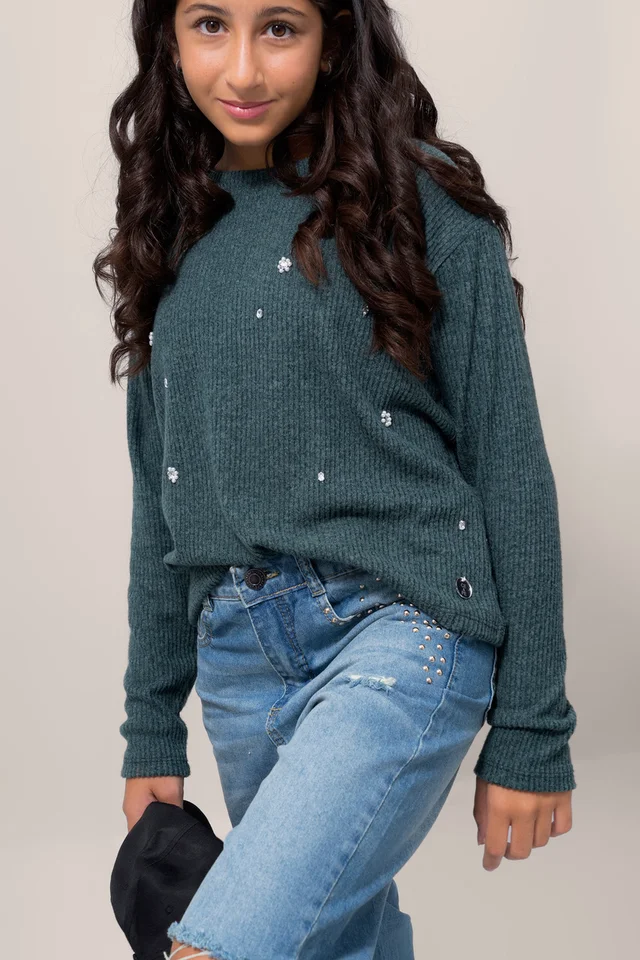 Sweater Ribb Brushed C  Bordado Artesanal Full Strass Y Perlas