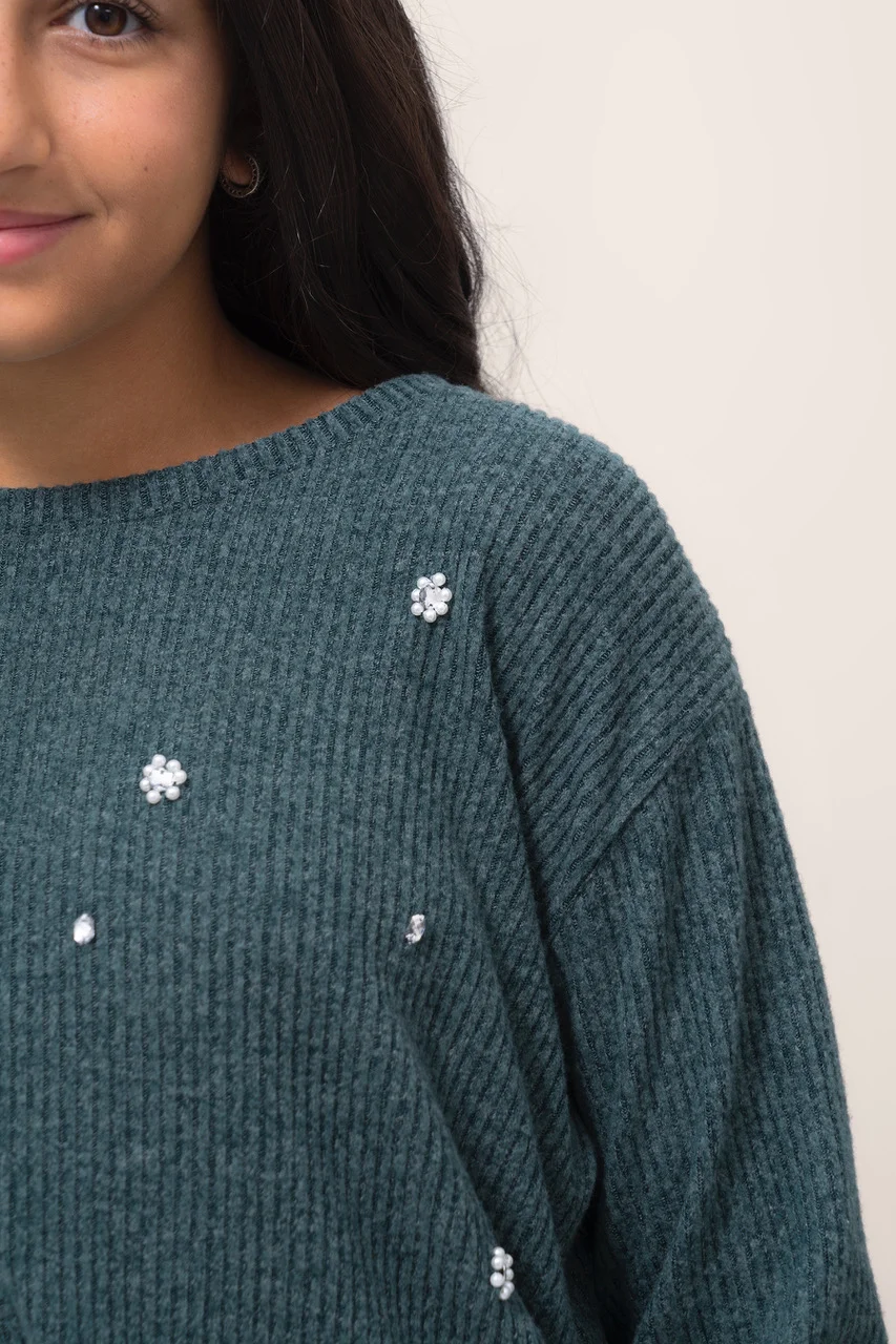 Sweater Ribb Brushed C Bordado Artesanal Full Strass Y Perlas - 1