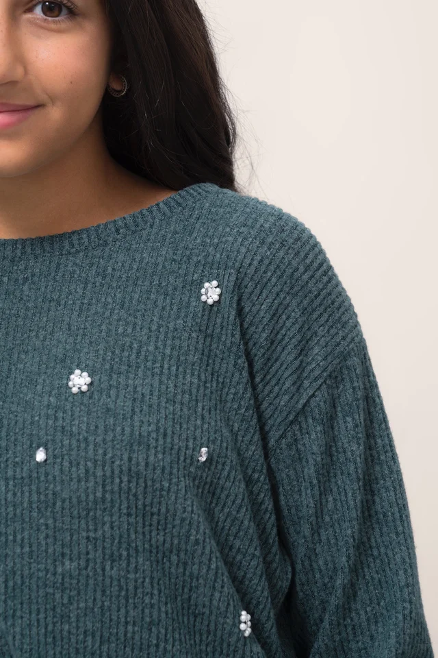 Sweater Ribb Brushed C  Bordado Artesanal Full Strass Y Perlas