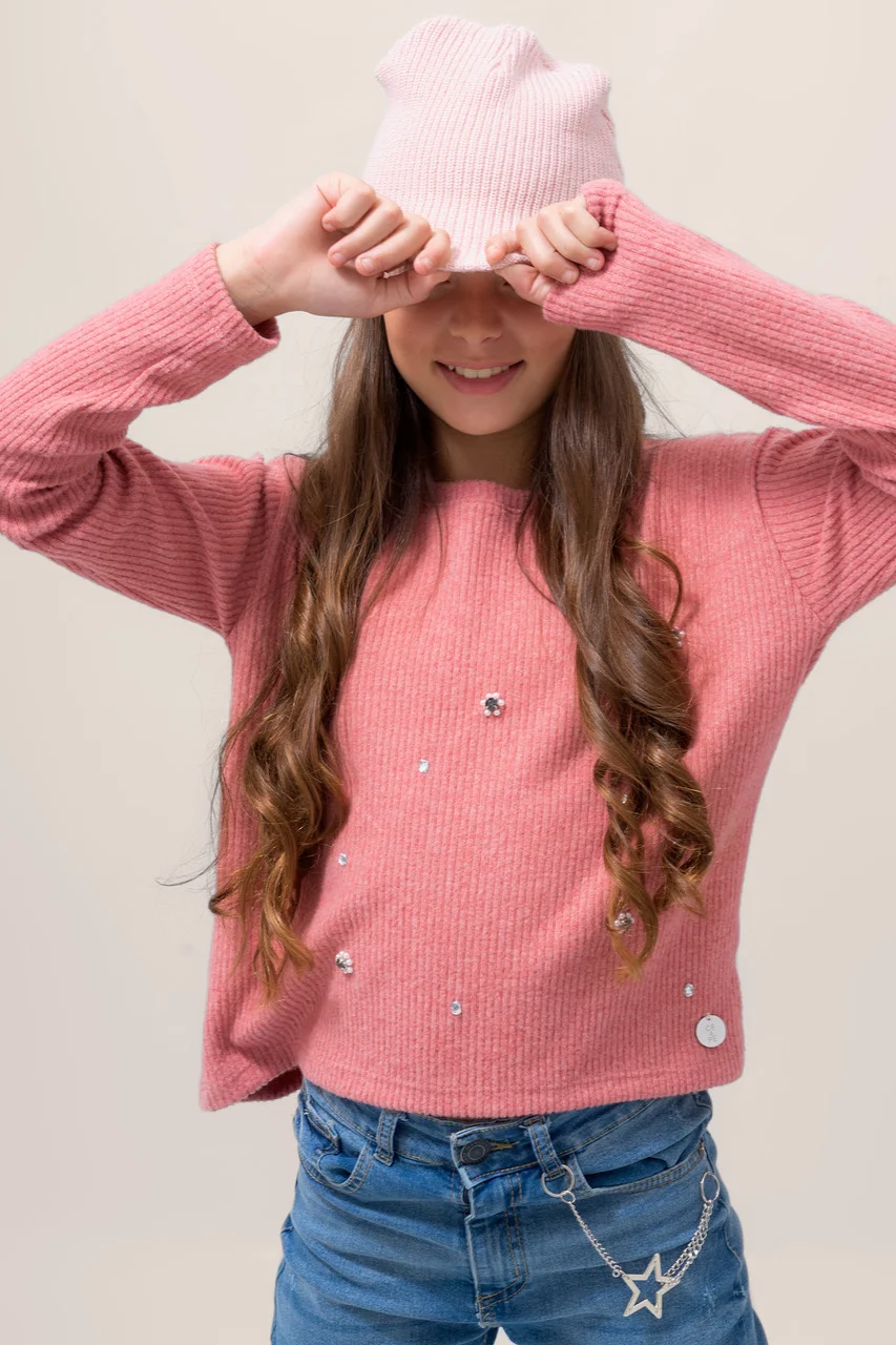 Sweater Ribb Brushed C Bordado Artesanal Full Strass Y Perlas - 2
