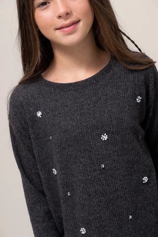 Sweater Ribb Brushed C  Bordado Artesanal Full Strass Y Perlas - Vista 4