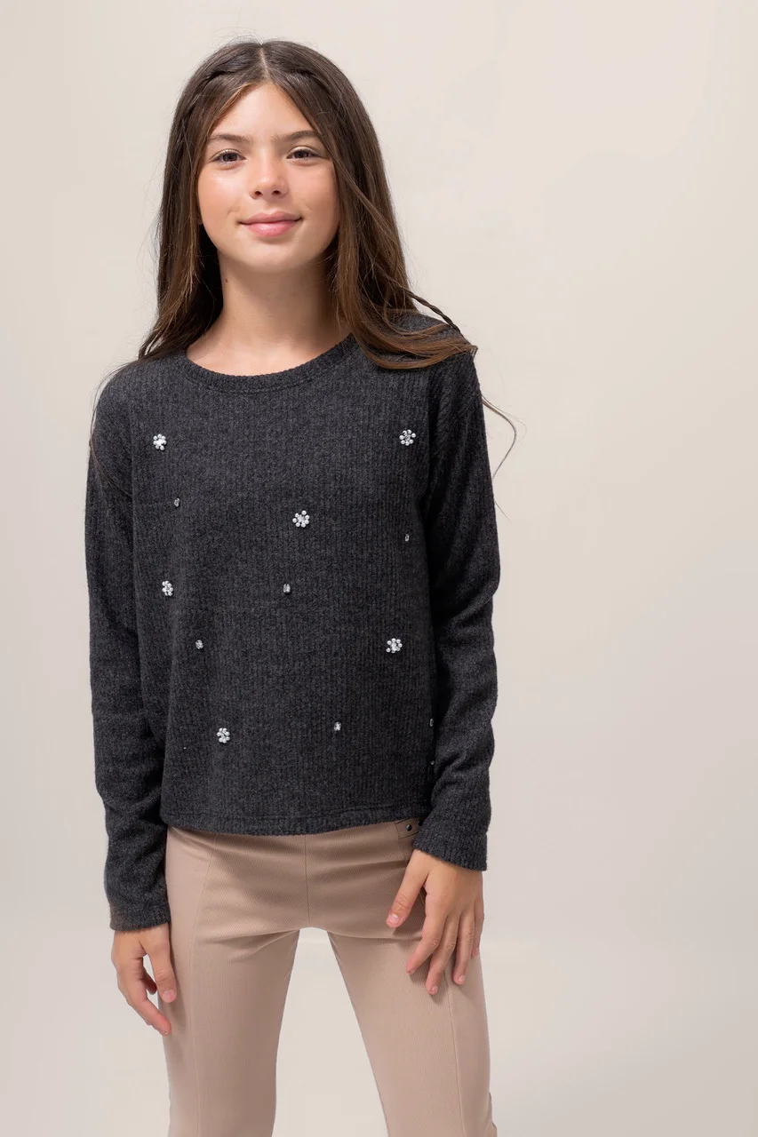 Sweater Ribb Brushed C Bordado Artesanal Full Strass Y Perlas - 4