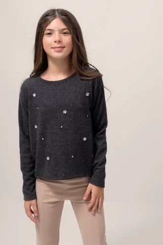 Sweater Ribb Brushed C  Bordado Artesanal Full Strass Y Perlas - Vista 5