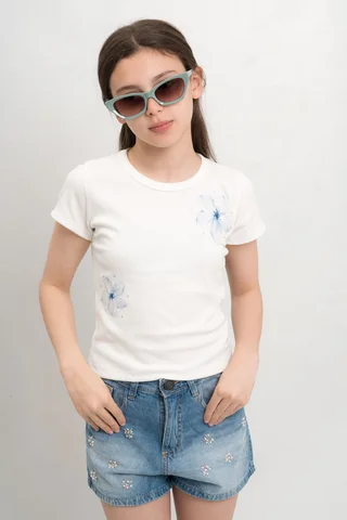 Remera Lucy En Morley Con Flores Y Stras Aplicados - Vista 1