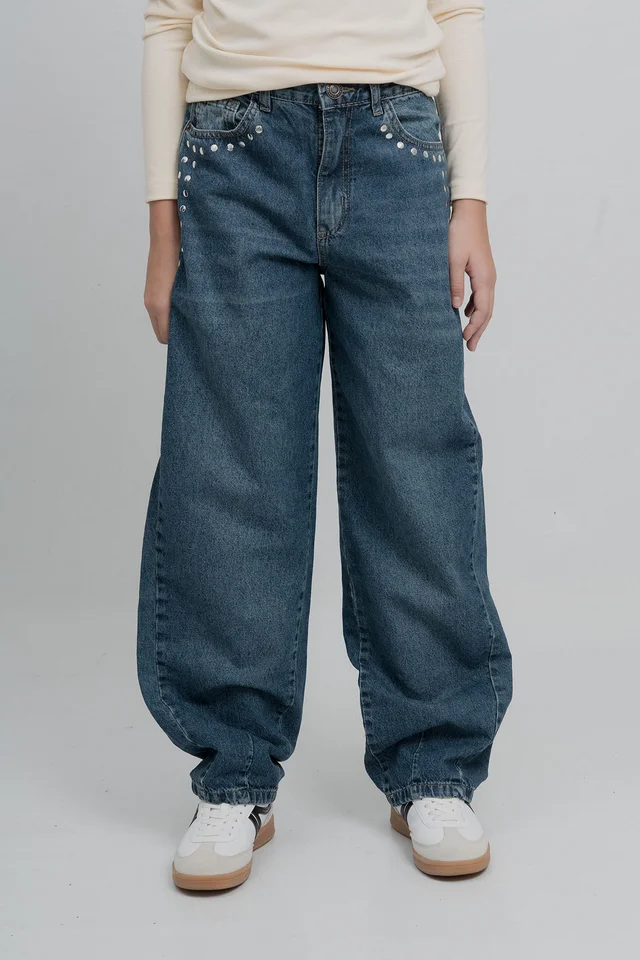 Jeans Baggy Yara Matizado  Con Tachas En Boca Bolsillo