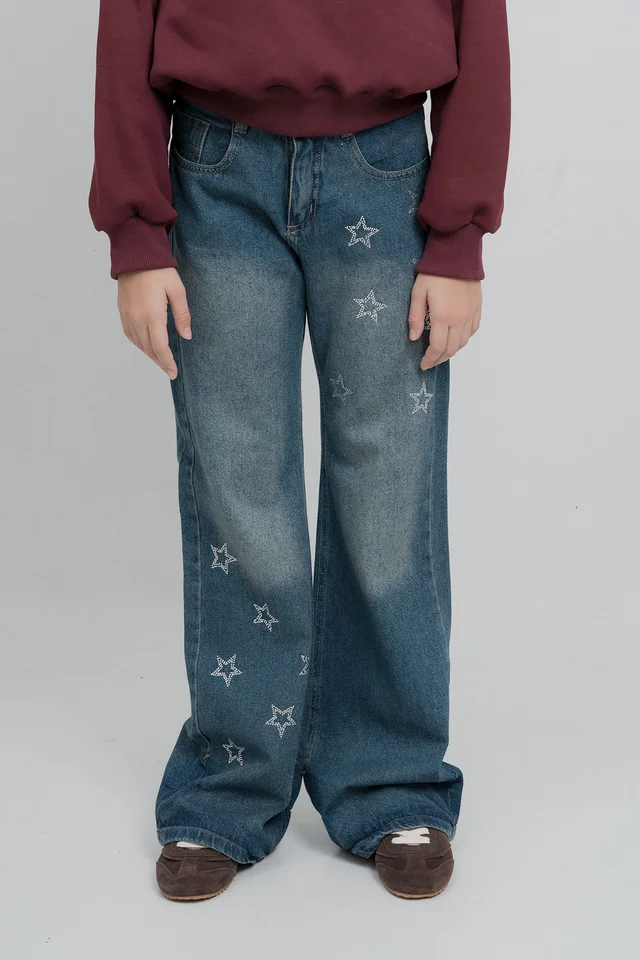 Jeans Super Wide Leg Orel Azul Full Estrellas En Delantero