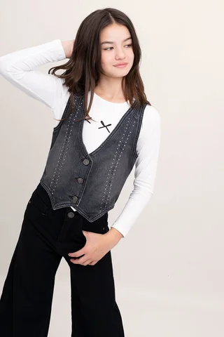 Chaleco Jeans Negro Con Detalle Strass - Vista 1