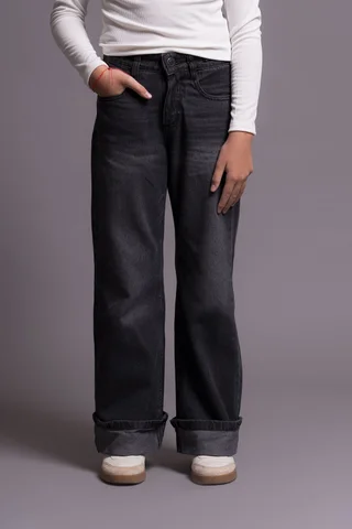 Jean Super Wide Leg Aline Black Con Botamanga Y Detalles De Ojales En Cintura Co - Vista 1