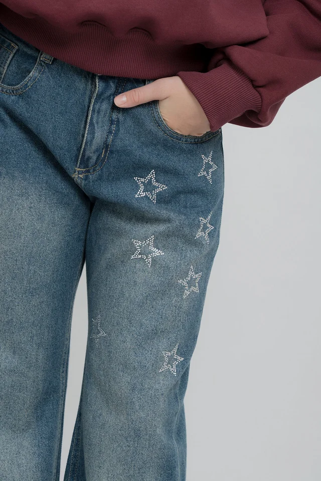 Jeans Super Wide Leg Orel Azul Full Estrellas En Delantero