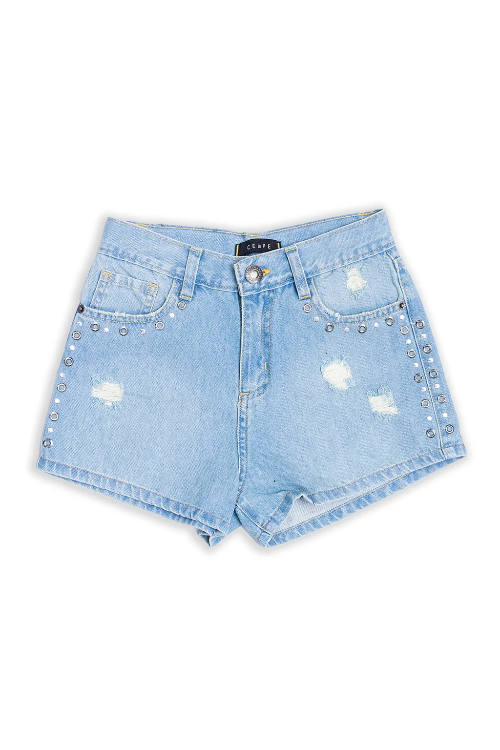 Short Jeans Customizado Y Matizado Con Tachas Y Ojalillos - 0