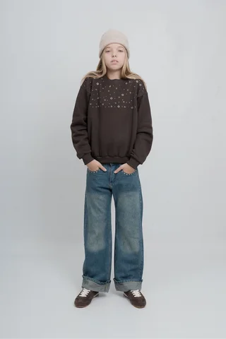 Jean Super Wide Leg Blue Con Botamanga Y Detalles De Tachas De Estrella En Bolsi - Vista 1