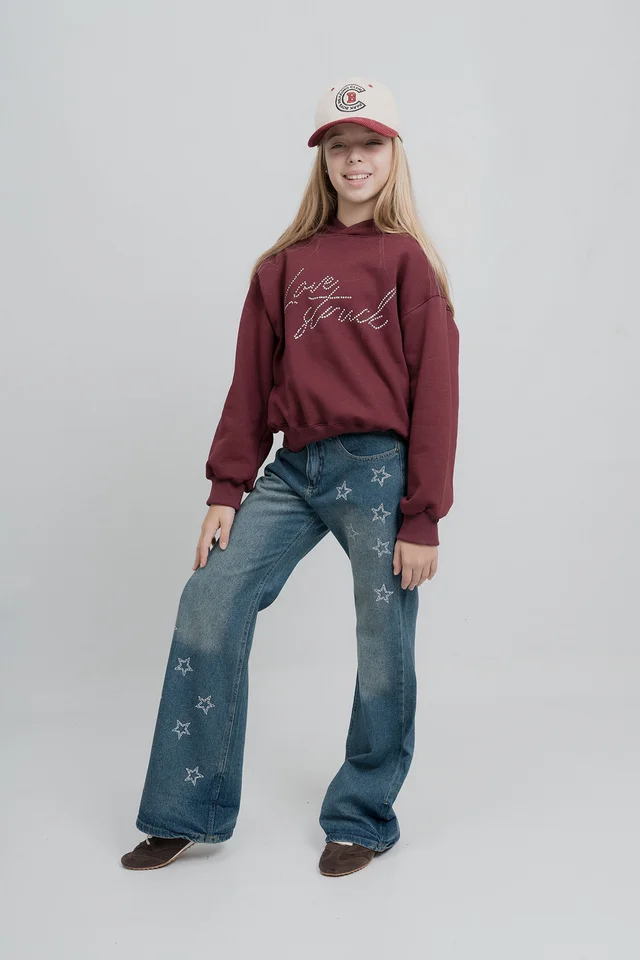 Jeans Super Wide Leg Orel Azul Full Estrellas En Delantero