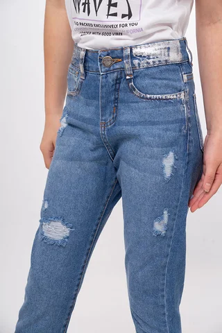 Jeans Nena Con Roturas Y Foil Plata - Vista 2