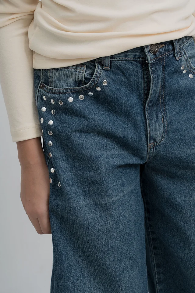 Jeans Baggy Yara Matizado  Con Tachas En Boca Bolsillo