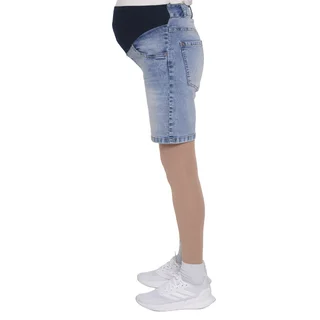 BERMUDA DE JEAN ELASTIZADO COLOR CELESTE TIRO ALTO EN COLA CON MEDIA FAJA DE ALGODON ELASTIZADA EN PANZA - Vista 2